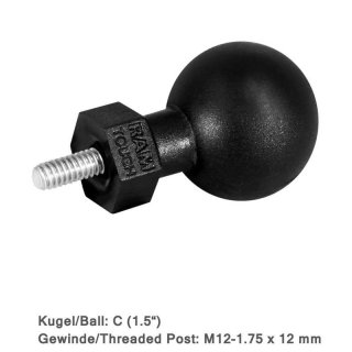 RAM Mounts Tough-Ball mit M12-1,75 x 12 mm Gewindestift - C-Kugel (1,5 Zoll), im Polybeutel